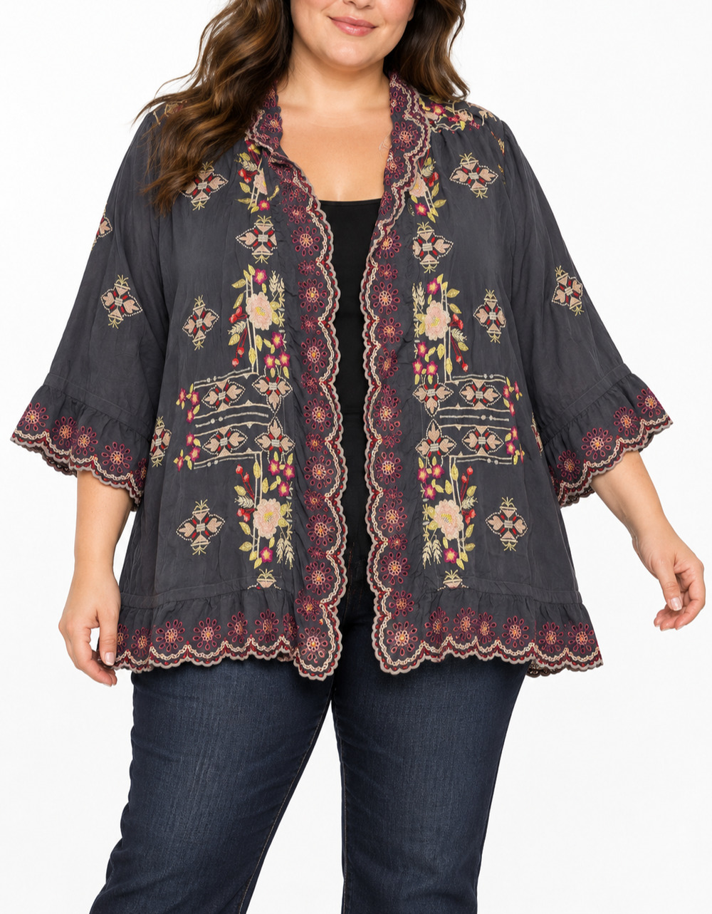 Johnny Was 2X Embroidered Kimono Tunic Charcoal Floral Scalloped Hem Boho